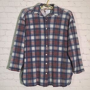 Vintage 80s Waffle Knit Blue Red Plaid Flannel Button Front Shirt Womens Small